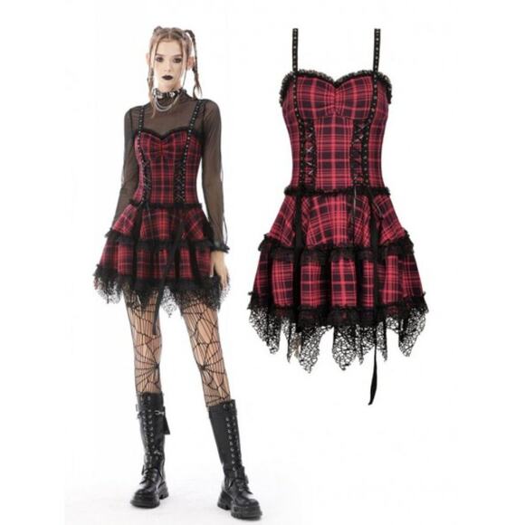 Dresses & Skirts - Dark In Love Punk Gothic Layered Mini Strap Dress Plaid Red Black Size XL